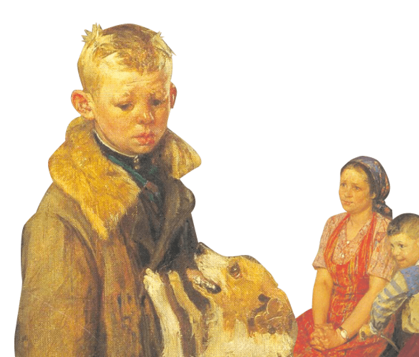 Фрагмент картины «Опять двойка» художника Фёдора Решетникова: грустный мальчик и радостная собачка.